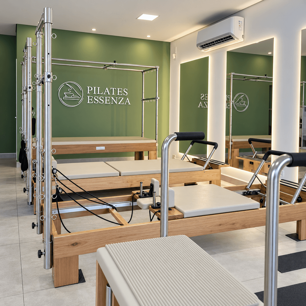 Reformers e Cadillac em madeira clara e aço inox diante da parede verde com o logo Pilates Essenza